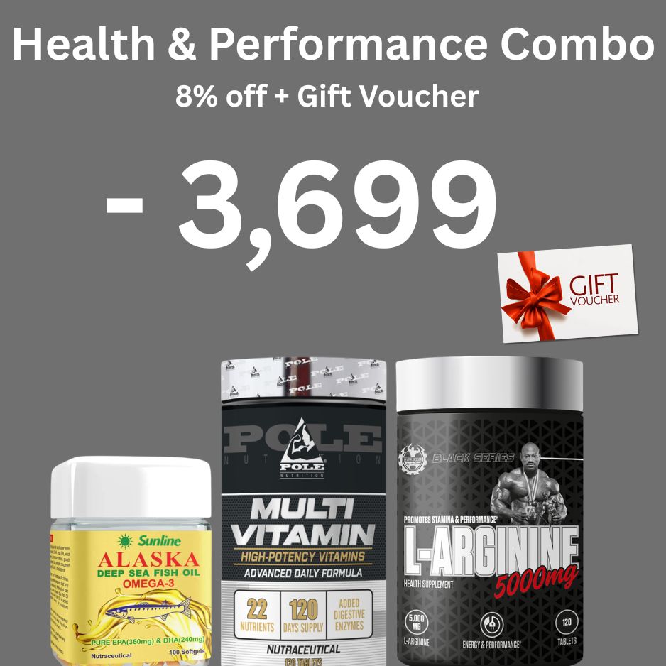 Promotional graphic for a health and performance combo bundle. The image features three supplement containers: a yellow and white Sunlife Alaska Deep Sea Fish Oil bottle on the left, a black and white Pole Multi-Vitamin bottle in the center, and a black and silver L-Arginine 5000mg bottle on the right.