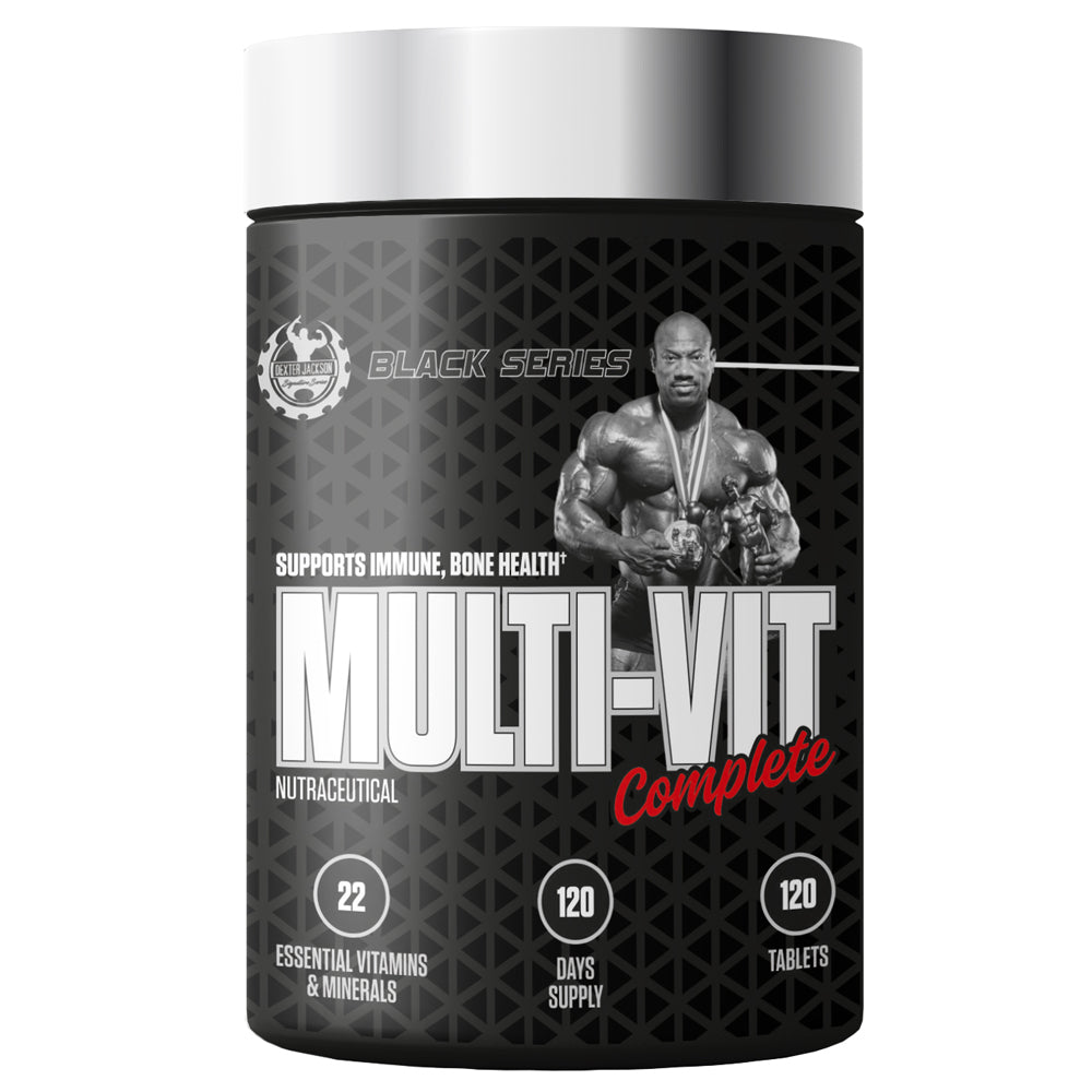 Multivitamin supplement container with a black and gray design featuring a muscular figure on a white background.