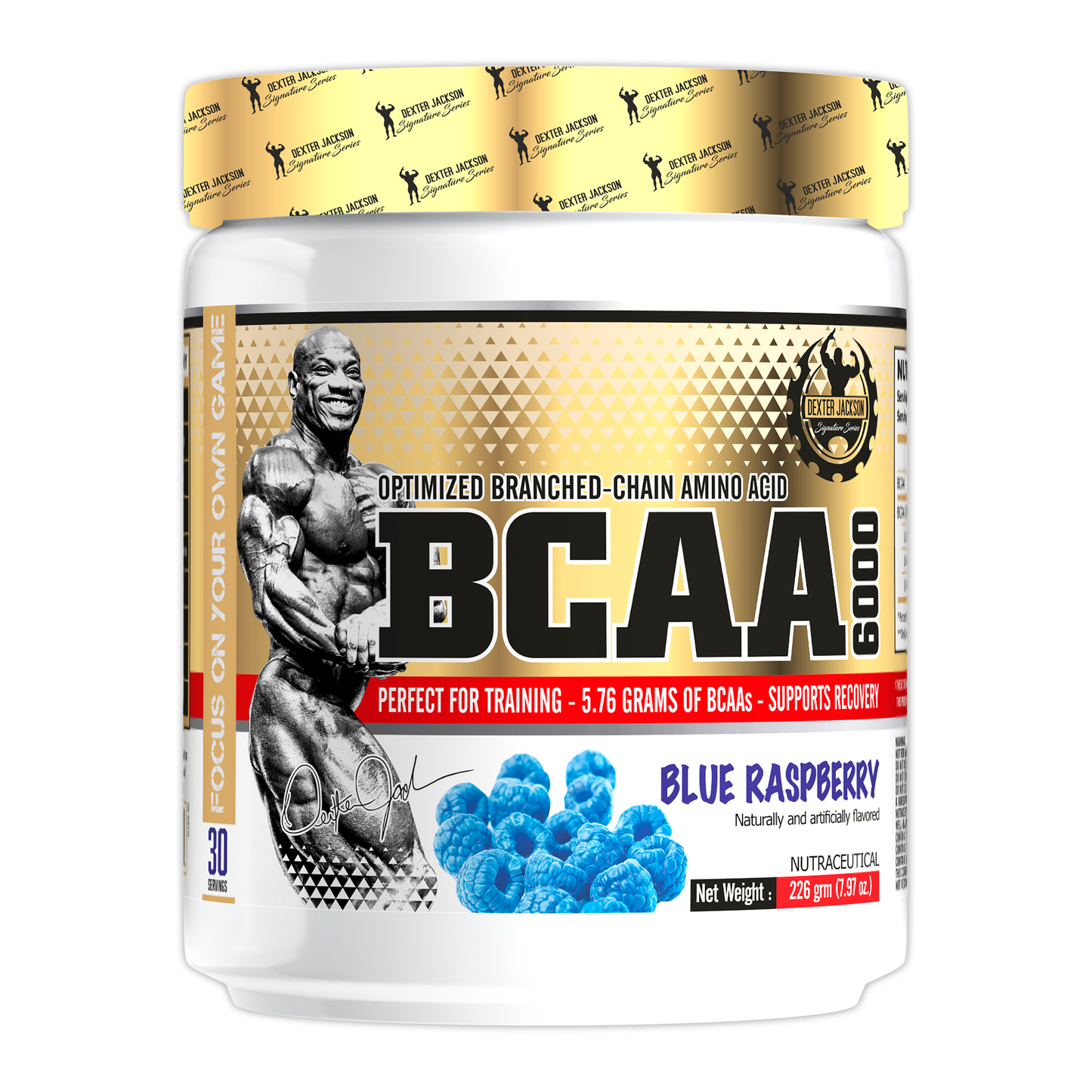 BCAA supplement container with blue raspberry flavor on a white background