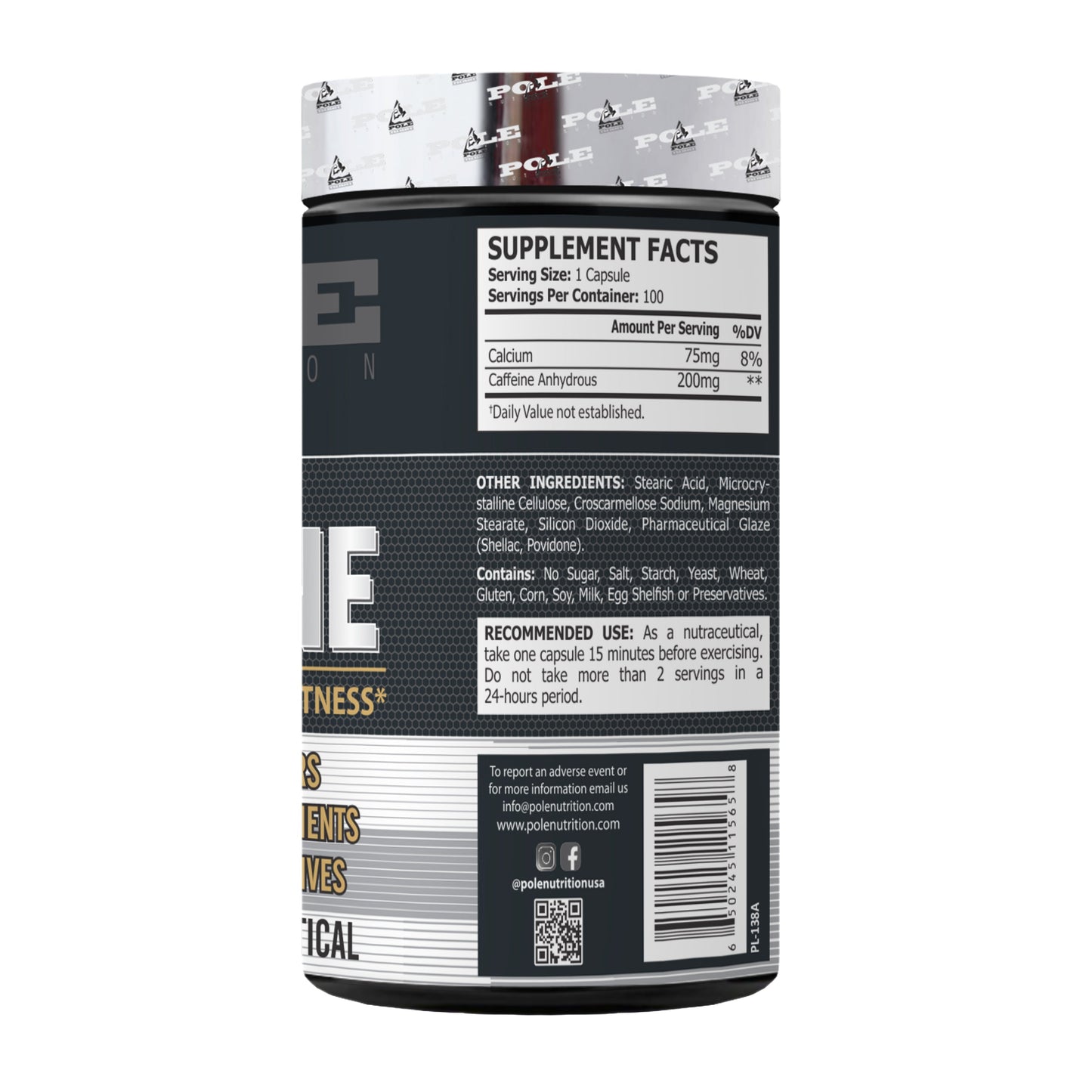 Pole Nutrition 100% Pure Caffeine Boost Energy Capsules 200mg | 100 Capsule Pole Nutrition