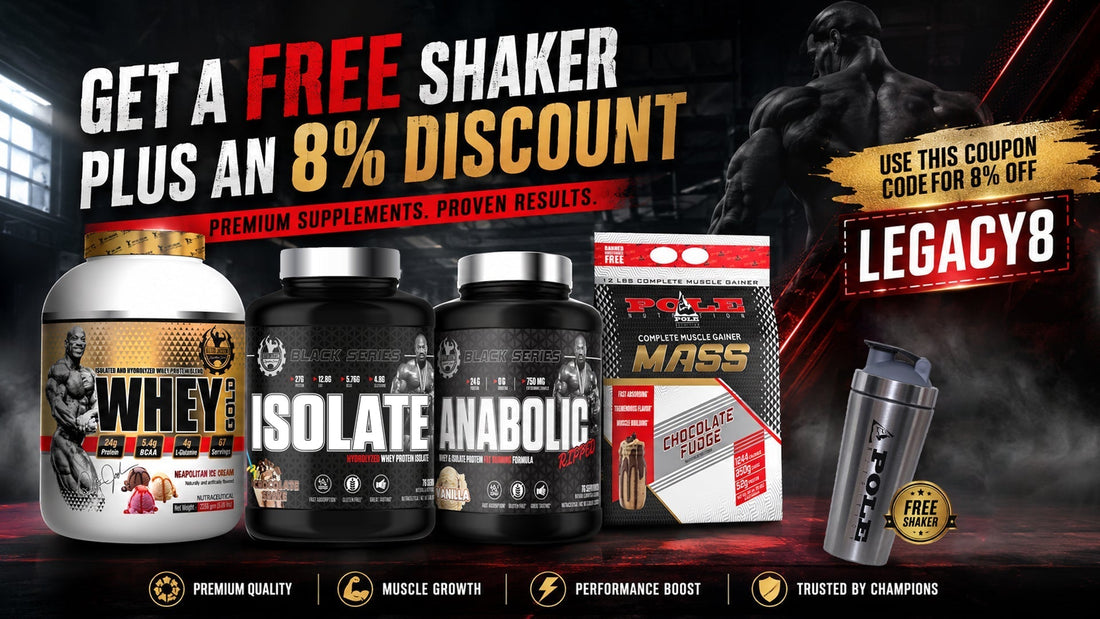SSNC Direct gym supplement bundle deal including whey protein, isolate, and a free shaker with discount code LEGACY8.