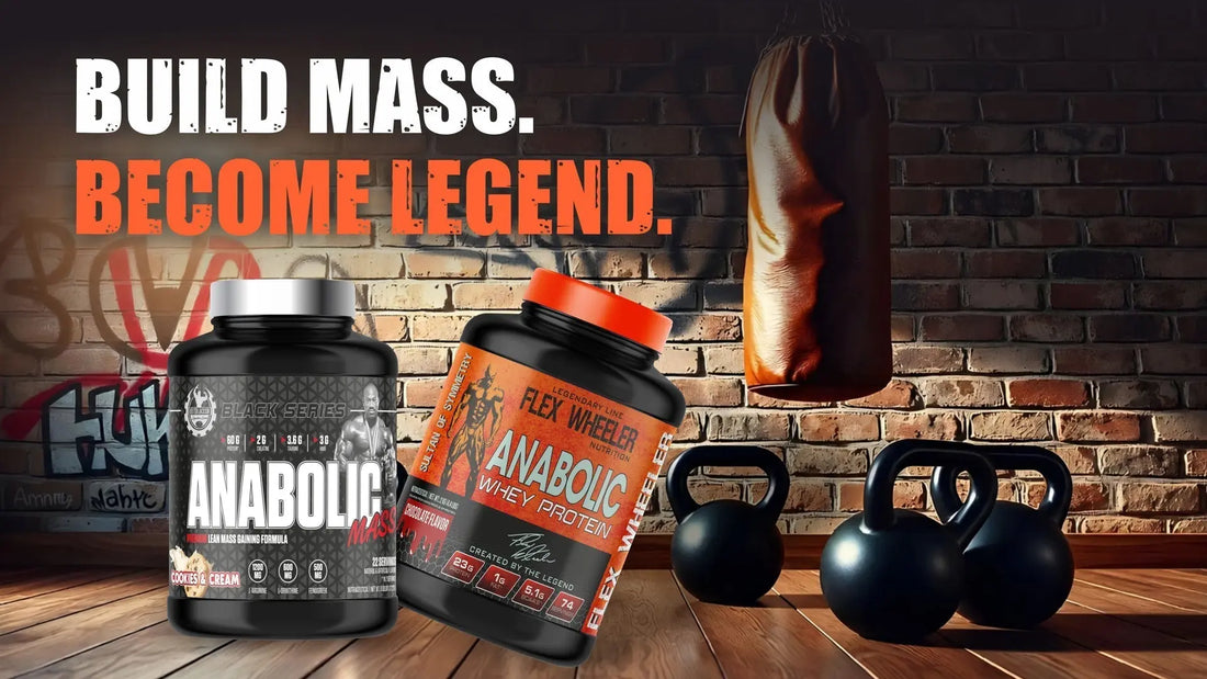 Two supplement bottles labeled Dexter Jackson Black Anabolic and Flex Wheeler Anabolic placed next to dumbbells and athletic equipment, promoting a muscle-building bodybuilding program.