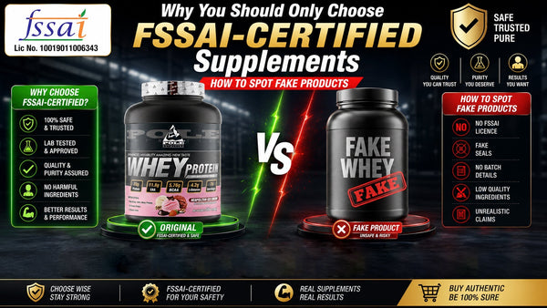 Infographic comparing a high-quality FSSAI-certified supplement tub versus a generic, unverified fake supplement tub to highlight the importance of product authenticity.