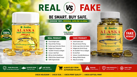 Side-by-side comparison of genuine and counterfeit Sunline Alaska Omega-3 bottles. The genuine bottle features clear labeling and a hologram, while the counterfeit bottle lacks these markers.
