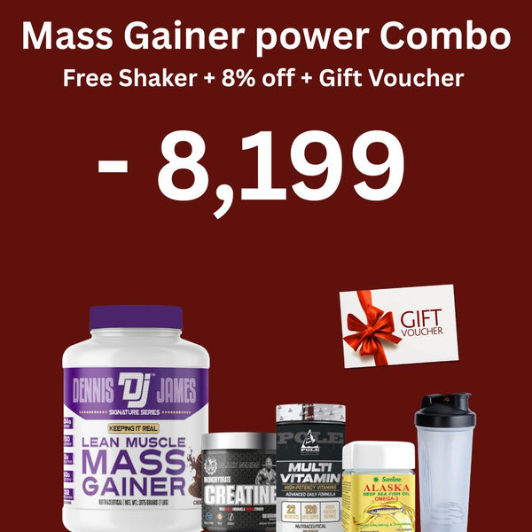 Promotional graphic for a 'Mass Gainer power Combo' offer. The image features a large white text overlay at the top and a large discount price '- 8,199' in the center, set against a dark red background.