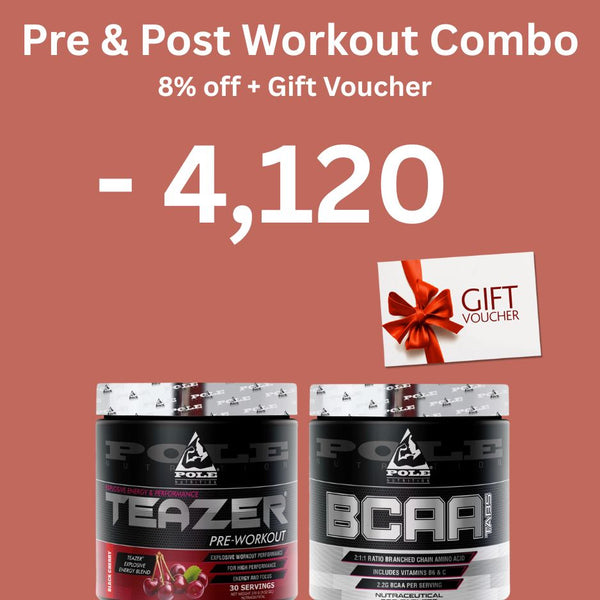 Promotional graphic for a Pre & Post Workout Combo offer, showing two supplement containers at the bottom against a dusty rose background with large white text reading 'Pre & Post Workout Combo', '8% off + Gift Voucher', and '- 4,120'. A gift voucher icon with a red ribbon is also shown on the right.
