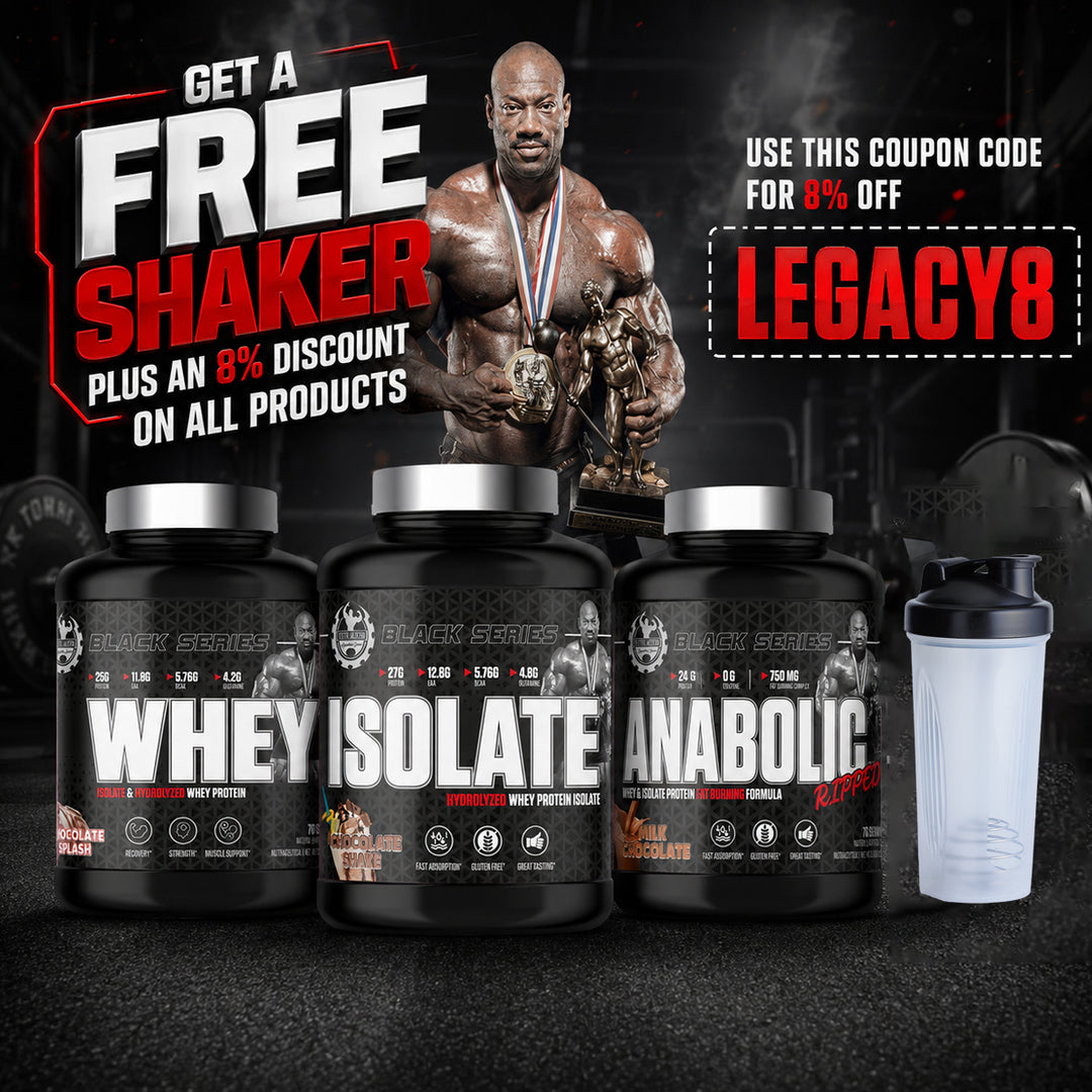 Promotional banner for Dexter Jackson Black Series featuring a "GET A FREE SHAKER PLUS AN 8% DISCOUNT ON ALL PRODUCTS" offer with the coupon code "LEGACY8". The image showcases three supplement tubs (Whey, Isolate, Anabolic) alongside a clear shaker bottle and a bodybuilder in the background.