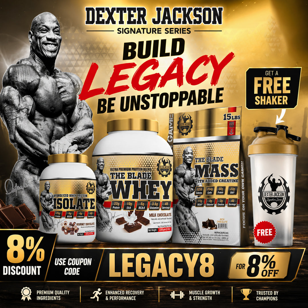 Dexter Jackson Signature Series promotional banner featuring Whey, Isolate, and Mass Gainer supplement tubs next to a gold-and-black shaker bottle. It highlights an "8% DISCOUNT" and a "GET A FREE SHAKER" offer with the coupon code "LEGACY8".