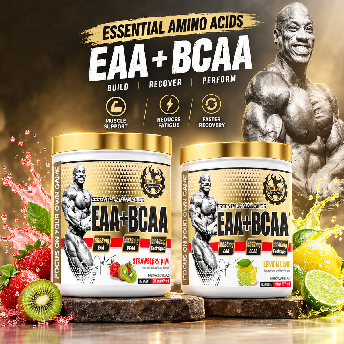 Two tubs of Dexter Jackson Gold Signature Series EAA + BCAA sports nutrition supplement surrounded by fresh strawberries, kiwi, and lime slices.