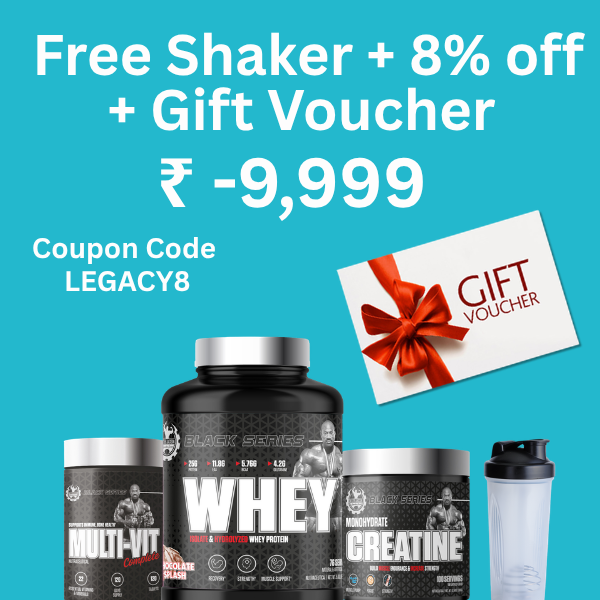 Promotional graphic for Legacy8 fitness products on a bright cyan background. Large white text reads 'Free Shaker + 8% off + Gift Voucher' with a price of ₹-9,999 and coupon code LEGACY8.