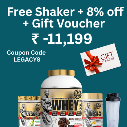 Promotional graphic for a fitness bundle featuring a large tub of WHEY PRO chocolate flavor powder, a smaller Omega-3 tub, a shaker bottle, and a gift voucher on a dark teal background with text offering a free shaker, 8% off, and a gift voucher.