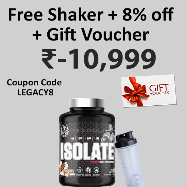 Promotional graphic for a protein powder shaker offer on a light gray background. Large text reads 'Free Shaker + 8% off + Gift Voucher -10,999' with coupon code 'LEGACY8'.