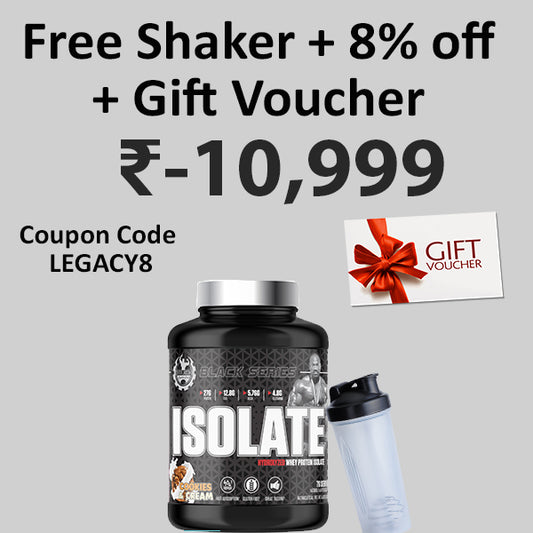 Promotional graphic for a protein powder shaker offer on a light gray background. Large text reads 'Free Shaker + 8% off + Gift Voucher -10,999' with coupon code 'LEGACY8'.