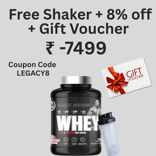 Promotional graphic for a whey protein shaker bundle on a light gray background. Large text reads 'Free Shaker + 8% off + Gift Voucher -7499' with coupon code 'LEGACY8'.