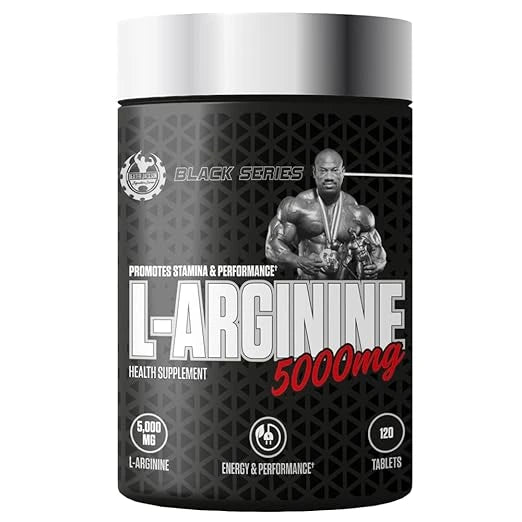 Supplement container labeled 'L-Arginine 5000mg' with a black and red design on a white background.
