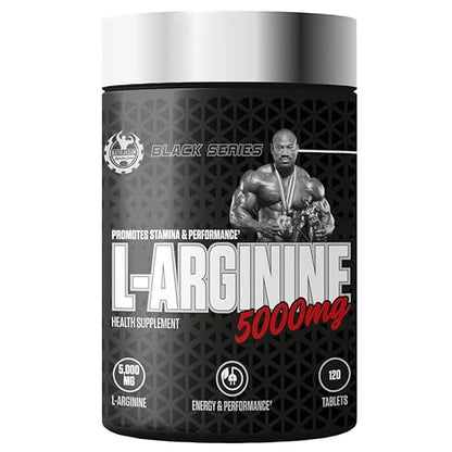 Supplement container labeled 'L-Arginine 5000mg' with a black and red design on a white background.