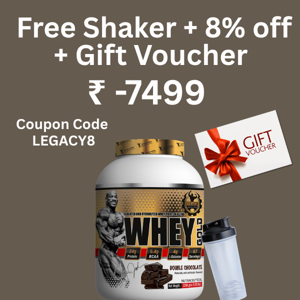 Promotional graphic for a whey protein tub with a shaker bottle, a gift voucher, and large text offering a free shaker, 8% off, and a gift voucher. The main product is a white and gold whey container labeled 'WHEY GOLD' on a brown background.