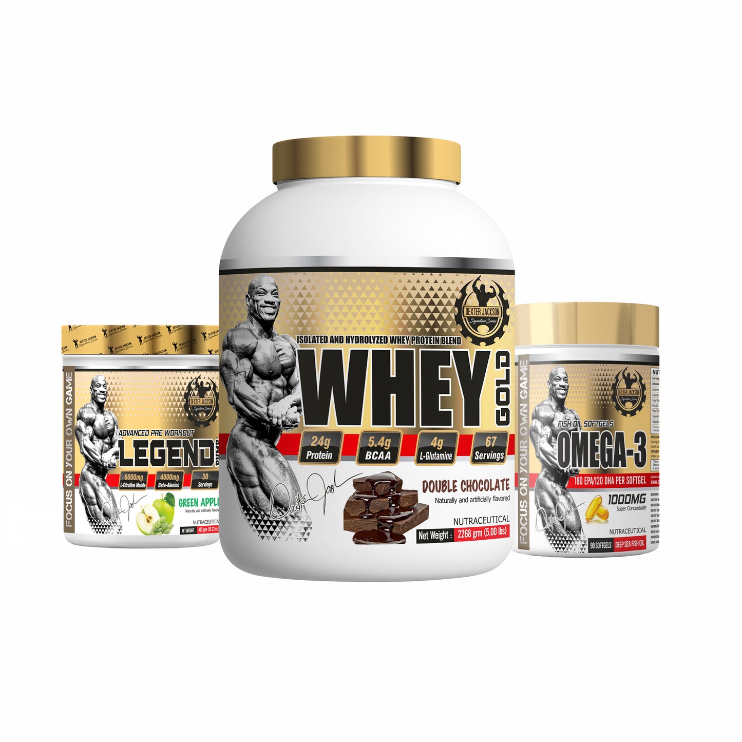 Dexter Jackson Gold Whey Protein 5 LBS + legend Pump Pre workout 30 servings+ Omega-3 Ssnc Direct
