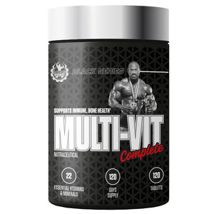 Multivitamin supplement container with a black and gray design featuring a muscular figure on a white background.