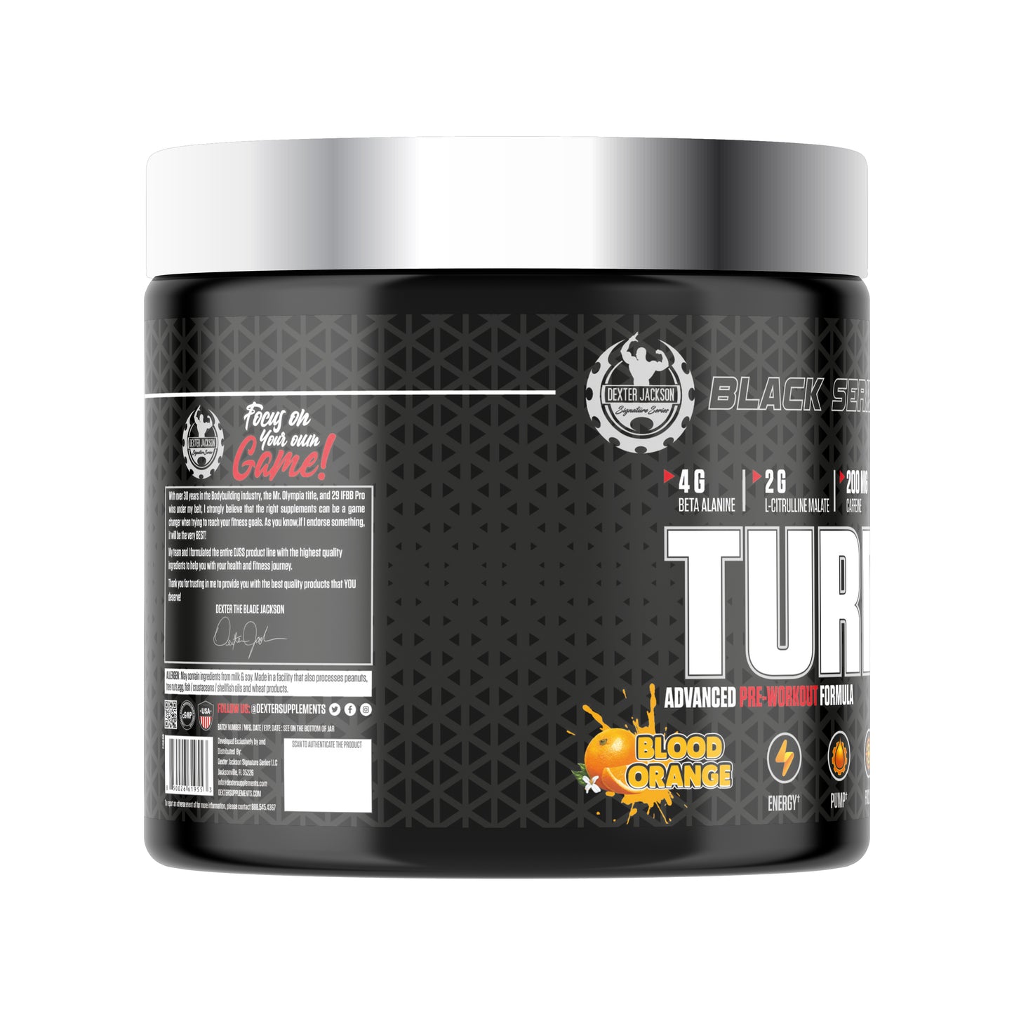 Dexter Jackson Black Series Turbo HP Pre Workout | Advanced Formula Blood Orange Flavor | 45 Servings, 450g | Boost Energy and Performance