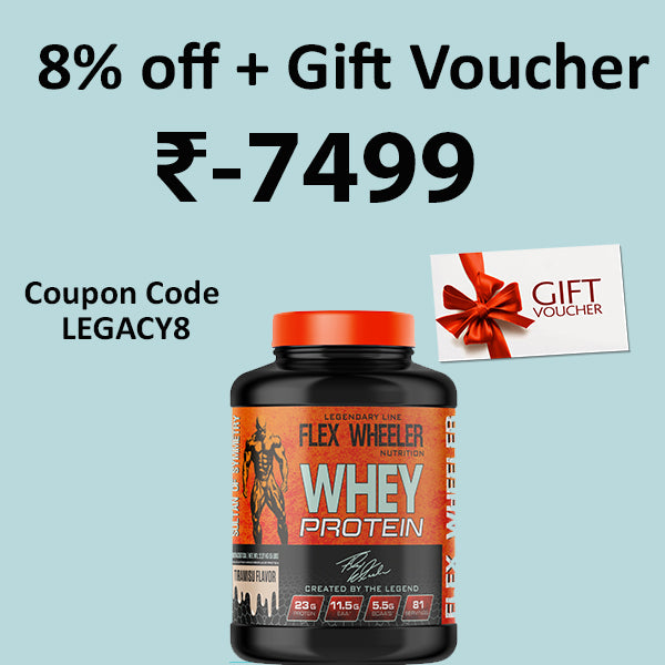 Promotional graphic for a Flex Wheeler Nutrition Whey Protein tub with an orange cap, set against a light blue background. Large text at the top reads '8% off + Gift Voucher' and 'R-7499', with a coupon code 'LEGACY8' and a small gift voucher illustration on the right.