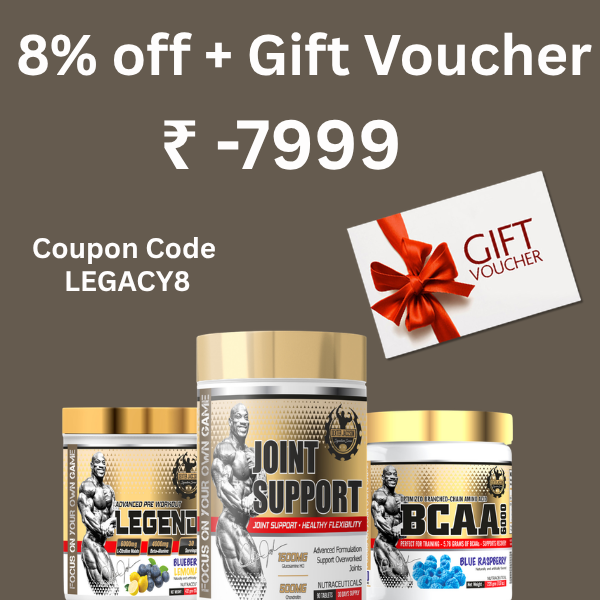 Promotional graphic showing three supplement containers with a gift voucher, text reading '8% off + Gift Voucher', '₥ -7999', and 'Coupon Code LEGACY8'. The products appear to be a supplement labeled 'Joint Support' in the center, with 'Legacy' and 'BCAA' variants below on a brown background.