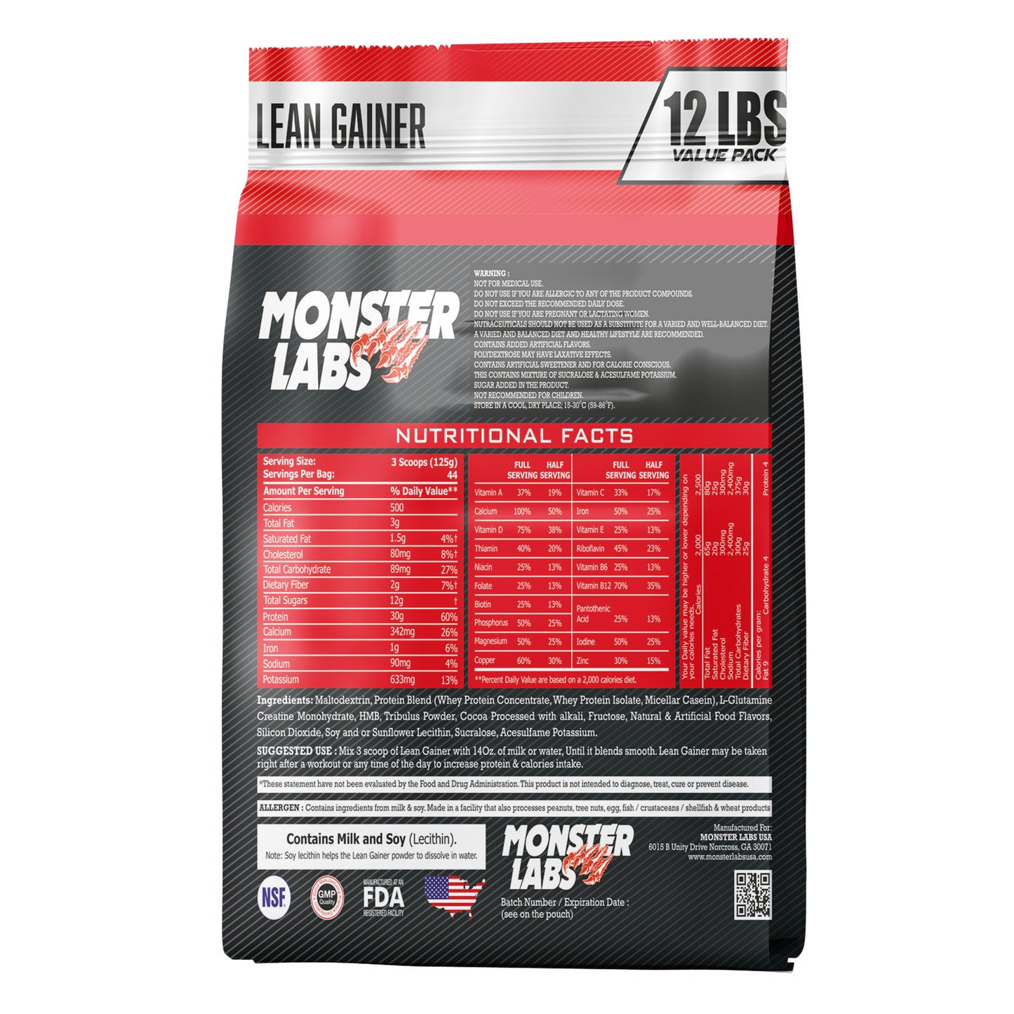 MONSTER LABS LEAN GAINER 12 LBS
