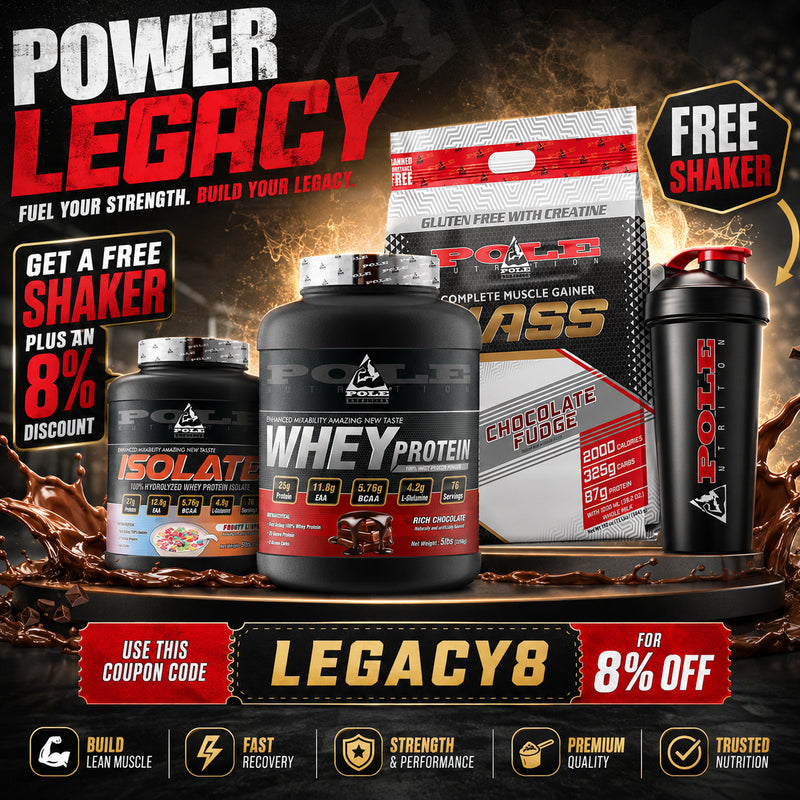 Promotional sports nutrition banner for Pole Nutrition titled "POWER LEGACY: Fuel Your Strength. Build Your Legacy." It features a "GET A FREE SHAKER PLUS AN 8% DISCOUNT" offer highlighted in bold red and black text. The center displays three product containers: Pole Nutrition Isolate, Whey Protein (Rich Chocolate), and Complete Muscle Gainer Mass (Chocolate Fudge), alongside a black Pole Nutrition shaker bottle with red accents. The bottom includes the coupon code "LEGACY8" for 8% off, and badges for "Buil