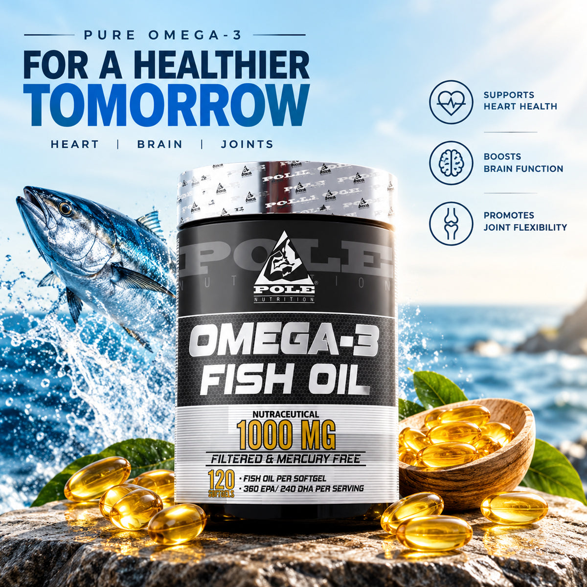 Pole Nutrition Omega-3 Fish Oil 1000mg bottle on a rocky beach setting with splashing water, a leaping fish graphic on the left, and golden softgel capsules spilling from a wooden bowl alongside heart, brain, and joint health icons.