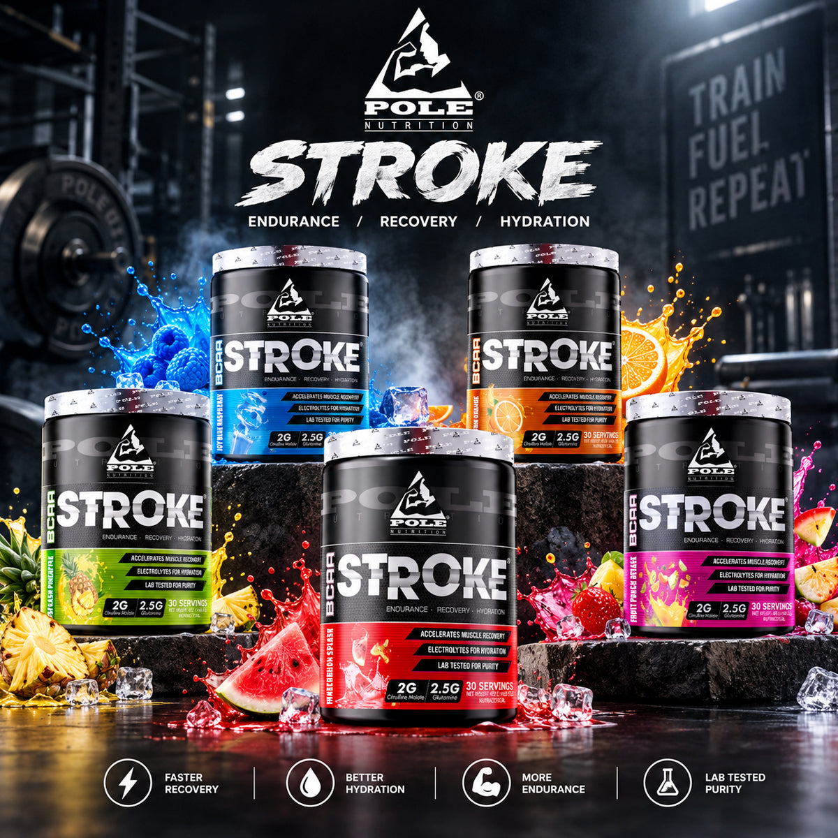Pole Nutrition Stoke BCAA powder tubs in five flavors with fruit splashes in a gym setting.