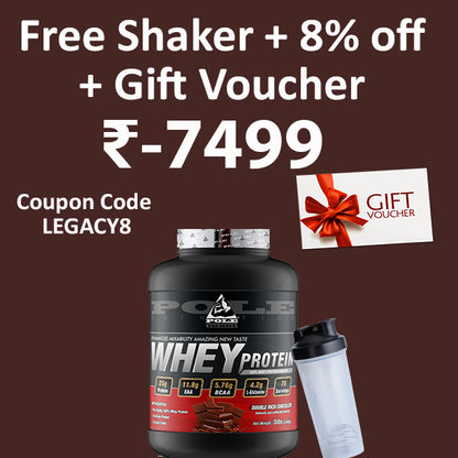 Promotional graphic for a protein powder tub with a shaker bottle, large text reading 'Free Shaker + 8% off + Gift Voucher -7499', and a gift voucher icon on a dark brown background.