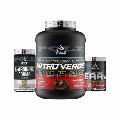 Pole Nutrition Nitro Verge Whey Protein, 5Lbs (Rich Chocolate) + L-Arginine 500mg + Pole Nutrition EAA - Natural Lime Ssnc Direct