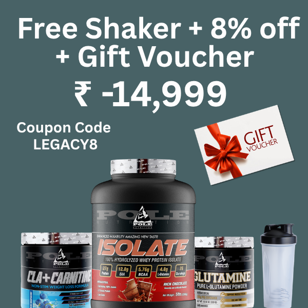 Promotional graphic for Polestar Sports showing a large tub of Isolate protein powder, a CLA+Carnitine tub, a Glutamine tub, and a shaker bottle, with large text offering a free shaker, 8% off, and a ₹14,999 gift voucher.