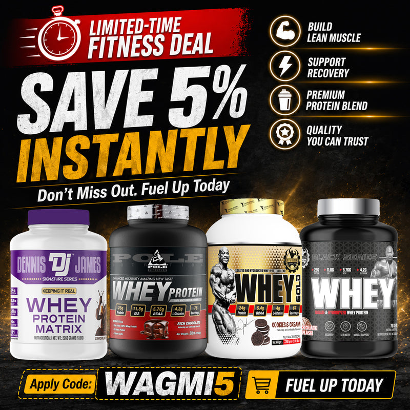 Promotional banner for a "LIMITED-TIME FITNESS DEAL" offering a "SAVE 5% INSTANTLY" discount with the apply code "WAGMI5". The image features four supplement tubs lined up: Dennis James Signature Series Whey Protein Matrix, Pole Nutrition Whey Protein (Rich Chocolate), Dexter Jackson Gold Signature Series Whey (Cookies & Cream), and Dexter Jackson Black Series Whey (Isolate & Hydrolyzed). The top right highlights product benefits like "BUILD LEAN MUSLE", "SUPPORT RECOVERY", "PREMIUM PROTEIN BLEND"