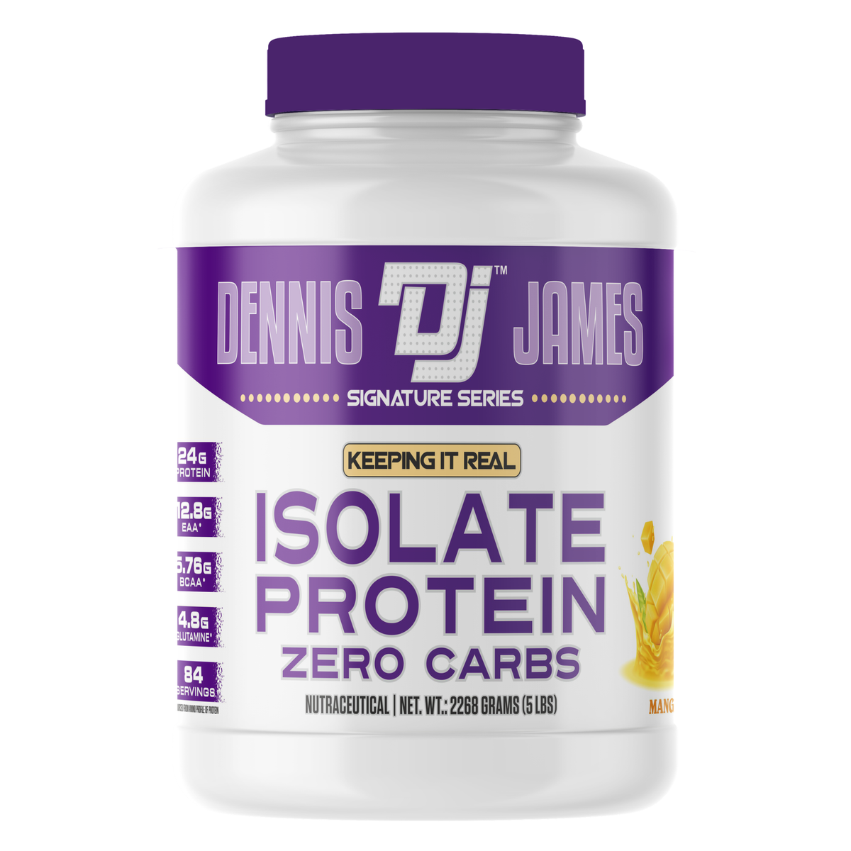 A white plastic bottle of Dennis James Isolate Protein Zero Carbs with a purple cap and purple label accents, shown on a plain white background.