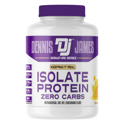 A white plastic bottle of Dennis James Isolate Protein Zero Carbs with a purple cap and purple label accents, shown on a plain white background.