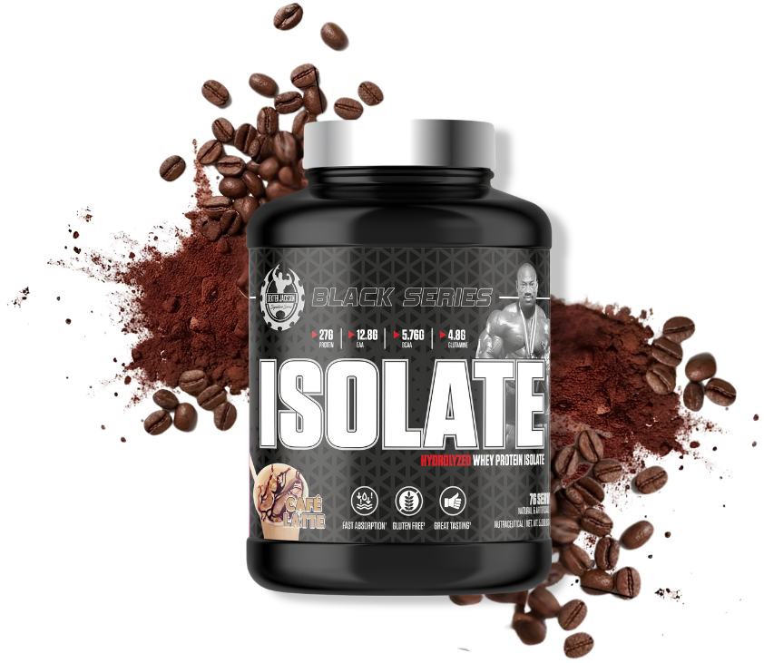 A black tub of Black Series Isolate whey protein powder, styled with scattered coffee beans and dark cocoa powder on a clean white background.