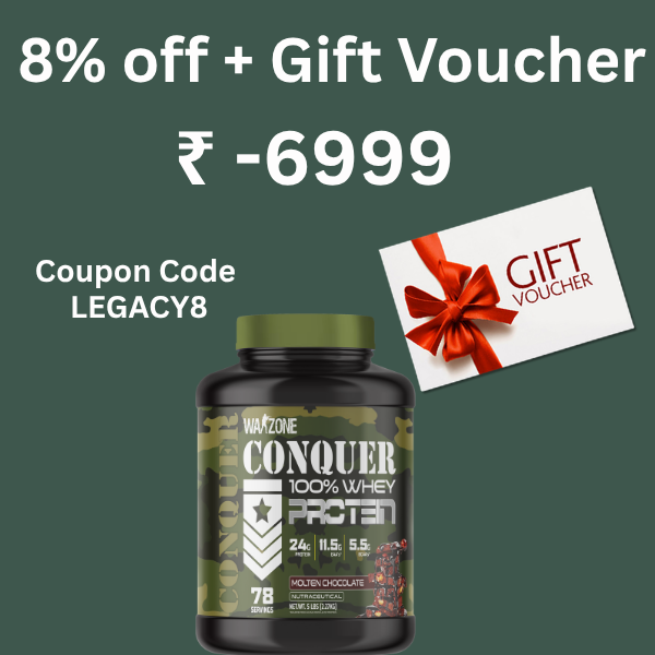 Promotional graphic for a protein powder bottle with text offering 8% off and a gift voucher, plus coupon code LEGACY8. The main product shown is a dark bottle labeled 'Wana Zone Conquer 100% Whey Protein' with a green cap, alongside a white gift voucher card with a red ribbon on a dark green background.