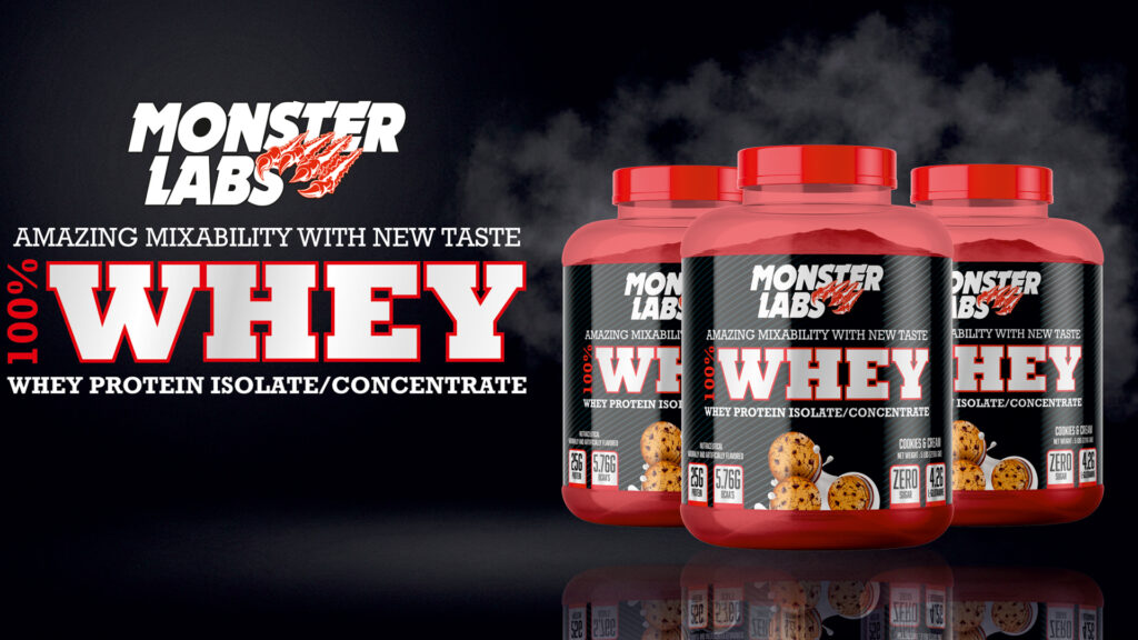 Monster Labs Whey Protein supplement promotional banner