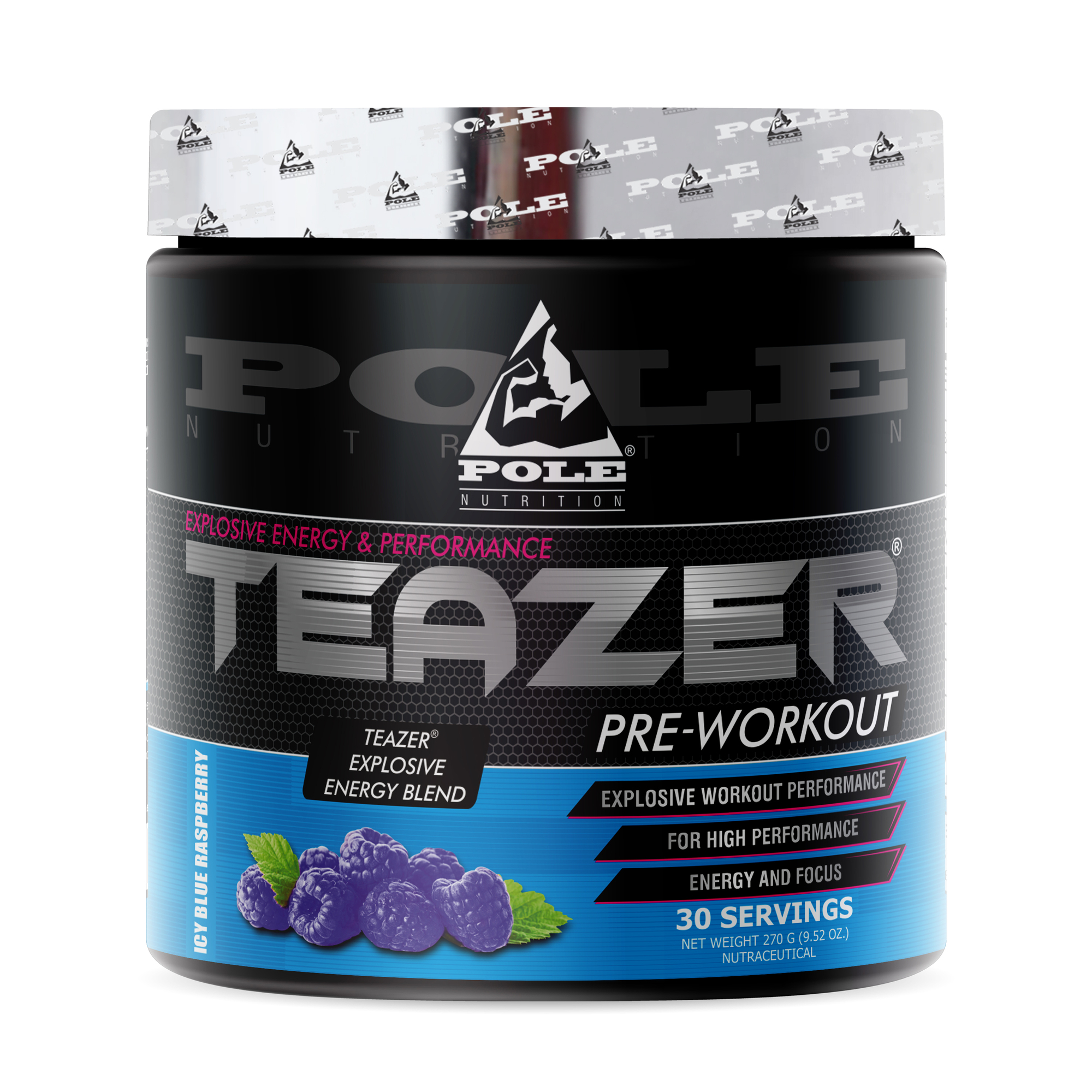 Pole Nutrition Teazer Pre-Workout supplement tub in Blue Raspberry flavor