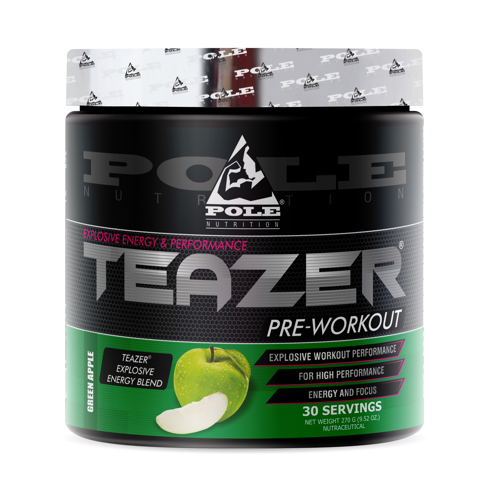 Pole Nutrition Teazer Pre-Workout supplement tub in Green Apple flavor