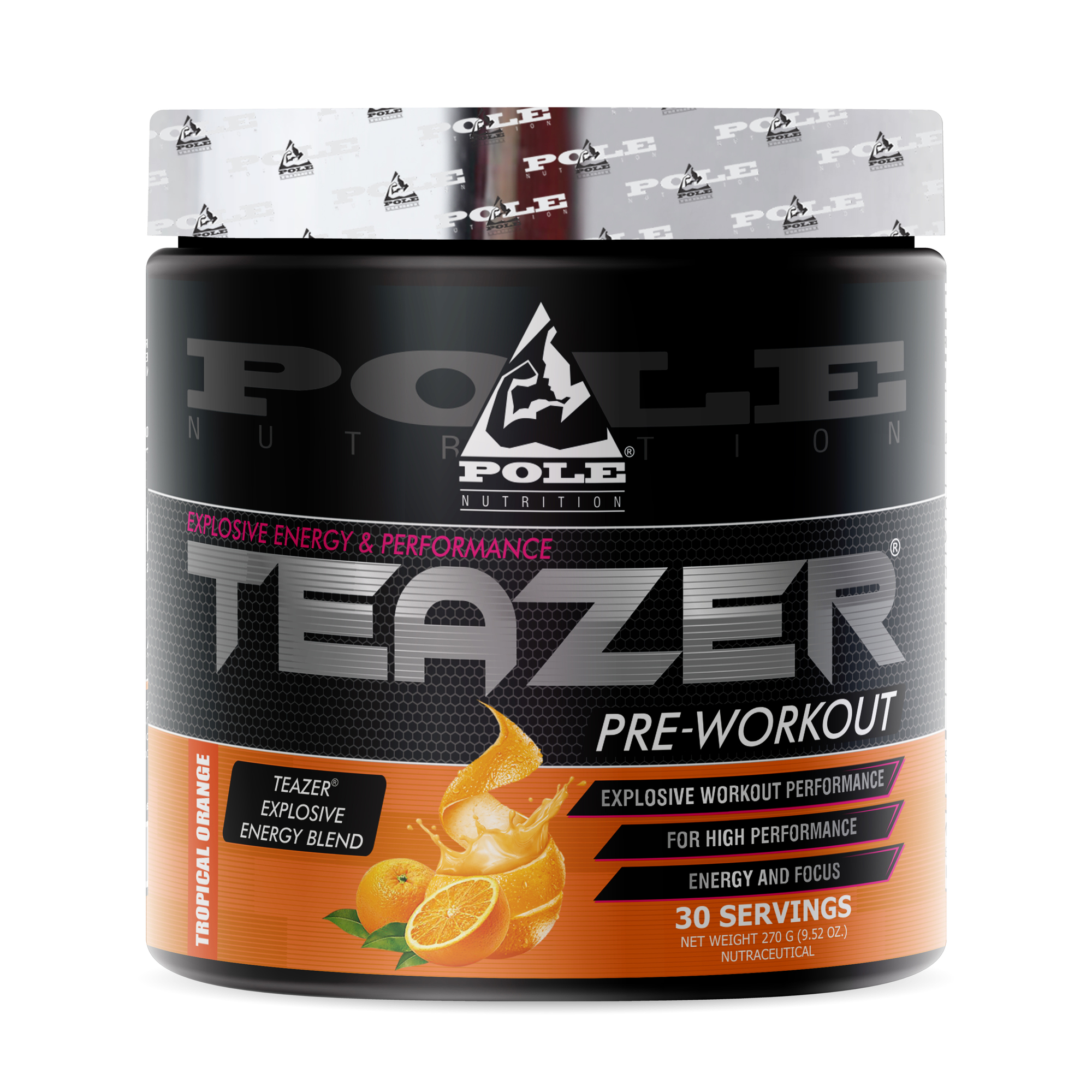 Pole Nutrition Teazer Pre-Workout supplement tub in Tropical Orange flavor