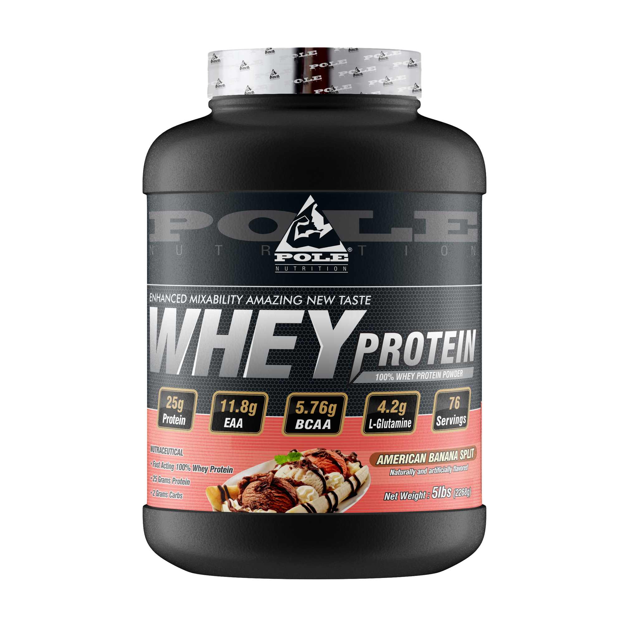 Pole Nutrition Whey Protein supplement tub in American Banana Split flavor
