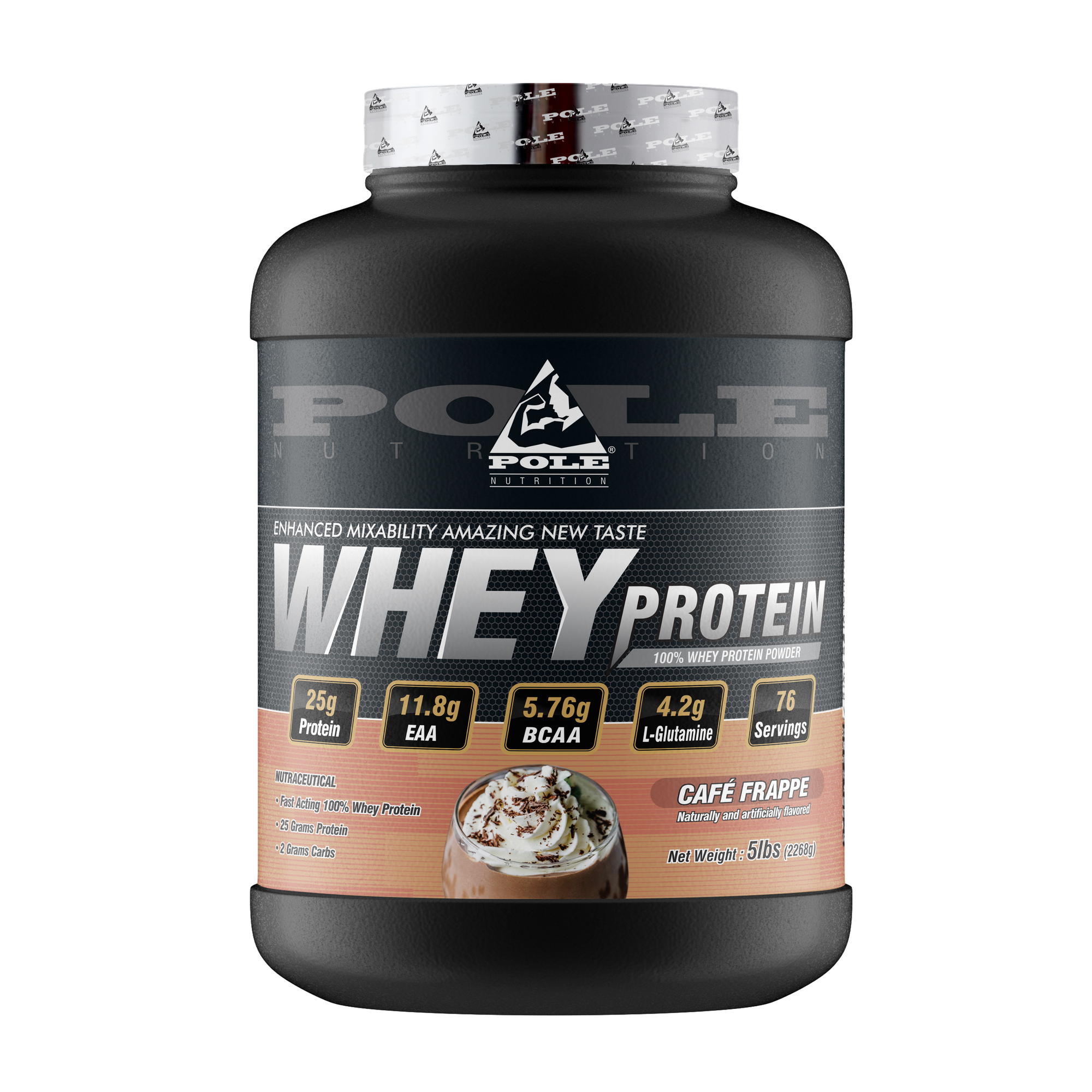 Pole Nutrition Whey Protein supplement tub in Cafe Frappe flavor