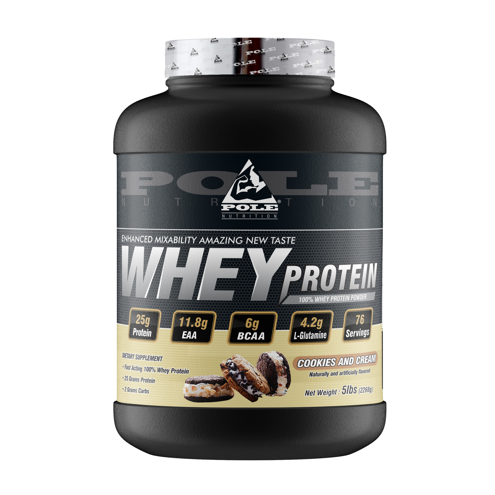 Pole Nutrition Whey Protein supplement tub in Cookies and Cream flavor