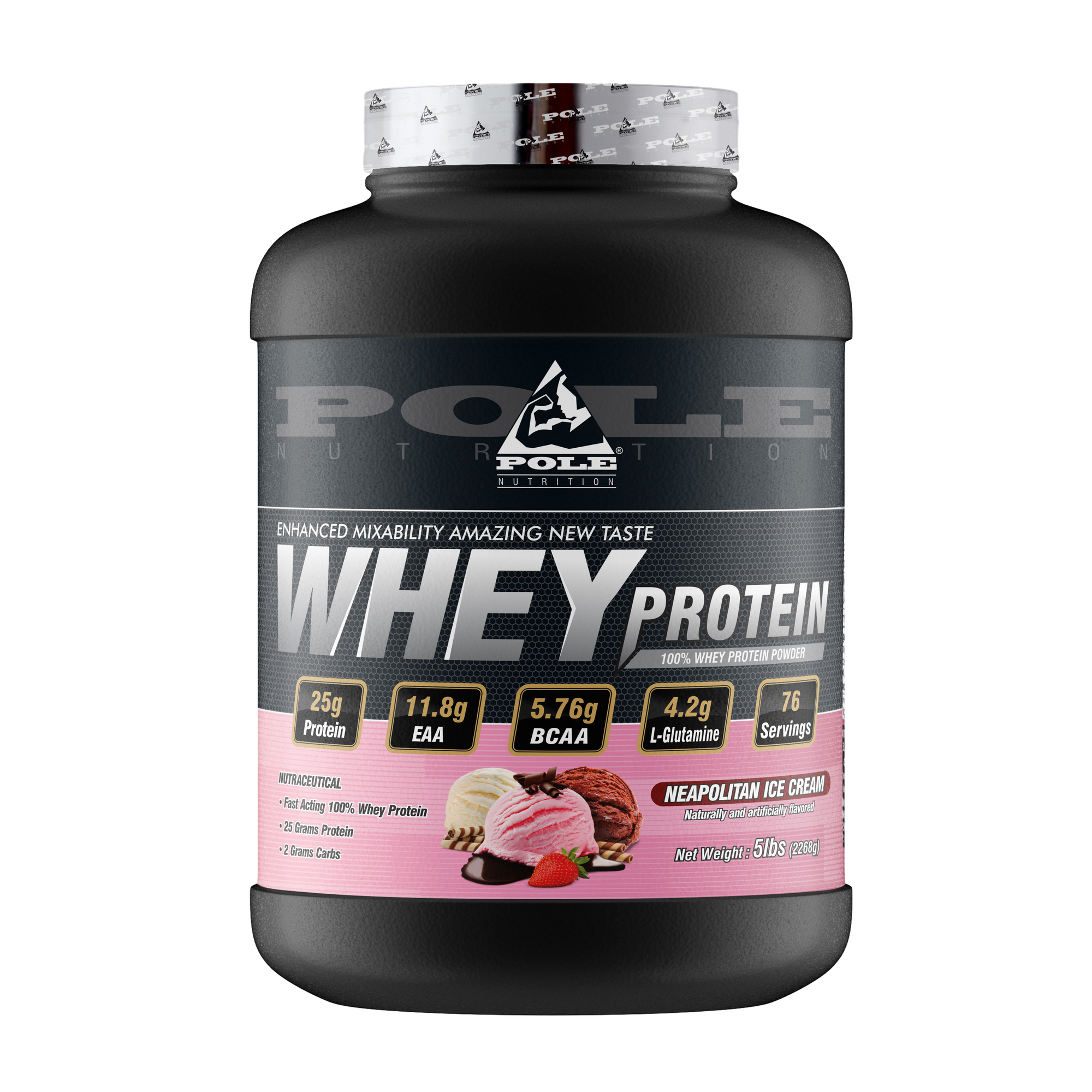 Pole Nutrition Whey Protein supplement tub in Neapolitan Ice Cream flavor