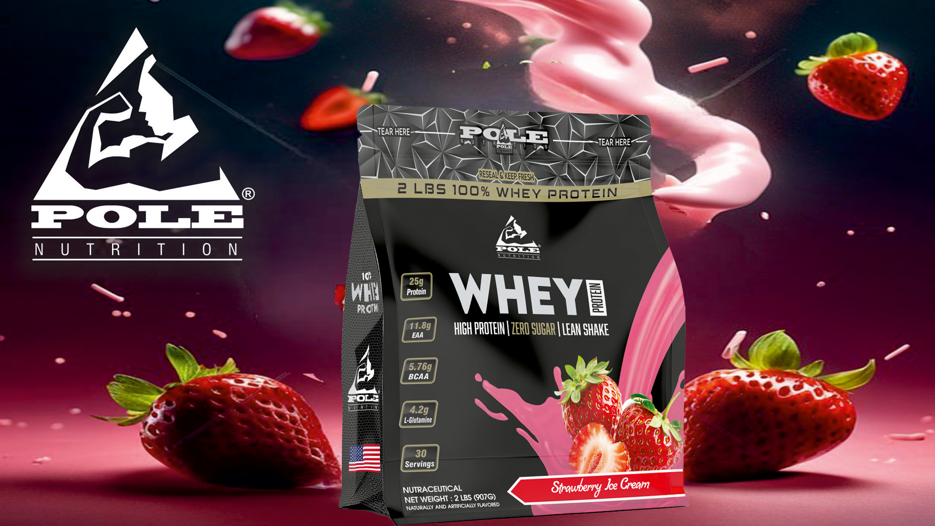 Pole Nutrition 2 LBS Whey Protein pouch in Strawberry Ice Cream flavor
