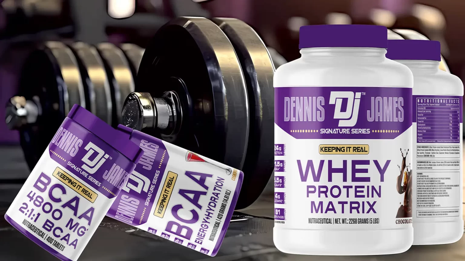 A selection of Dennis James Signature Series fitness supplements, including BCAA and Whey Protein Matrix